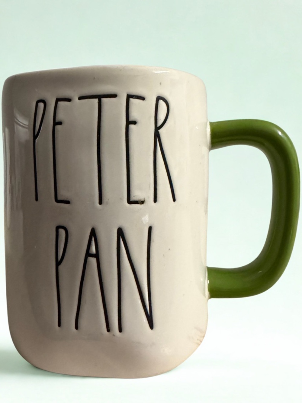 Rae Dunn White Mug with Green Handle - PETER PAN